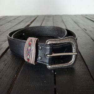 Black Leather Belt Western Aztec Men's 40 Tan Red Embroidery Silver Buckle
